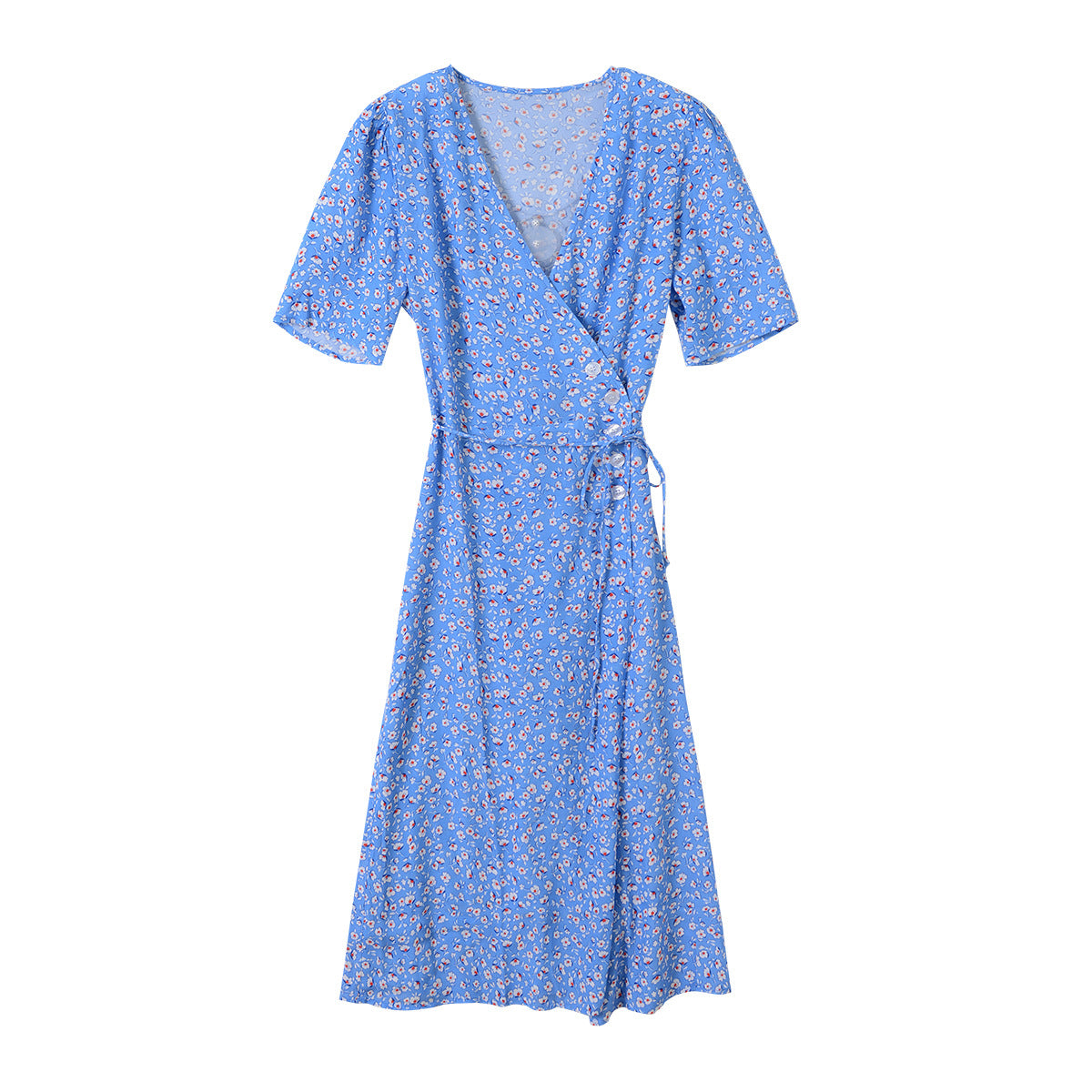 Wrap Lace-up Long Dress French Tea Dress Floral Skirt Light Blue Retro Style