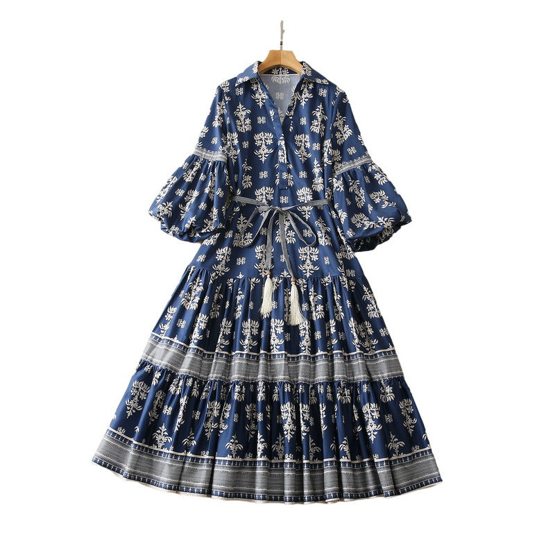 V-neck Lace-up Lantern Sleeve Cotton Silk Printing Dress