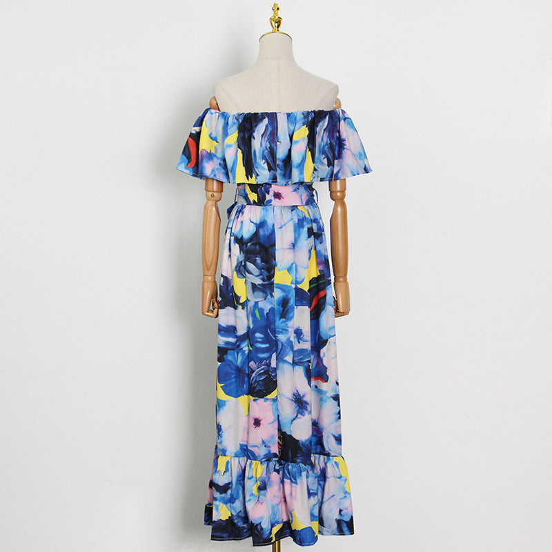 Vacation Printing Dyeing Dress Spring Printing Young Ruffled Long Cinched Swing Dress