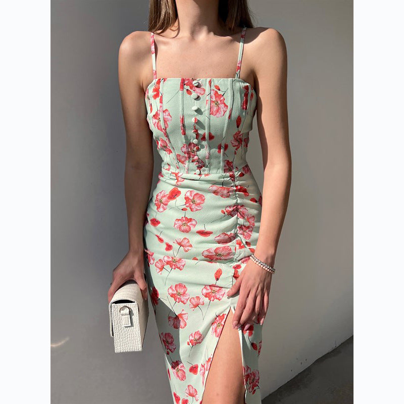 Internet Floral Digital Printing off-Neck Strap Dress