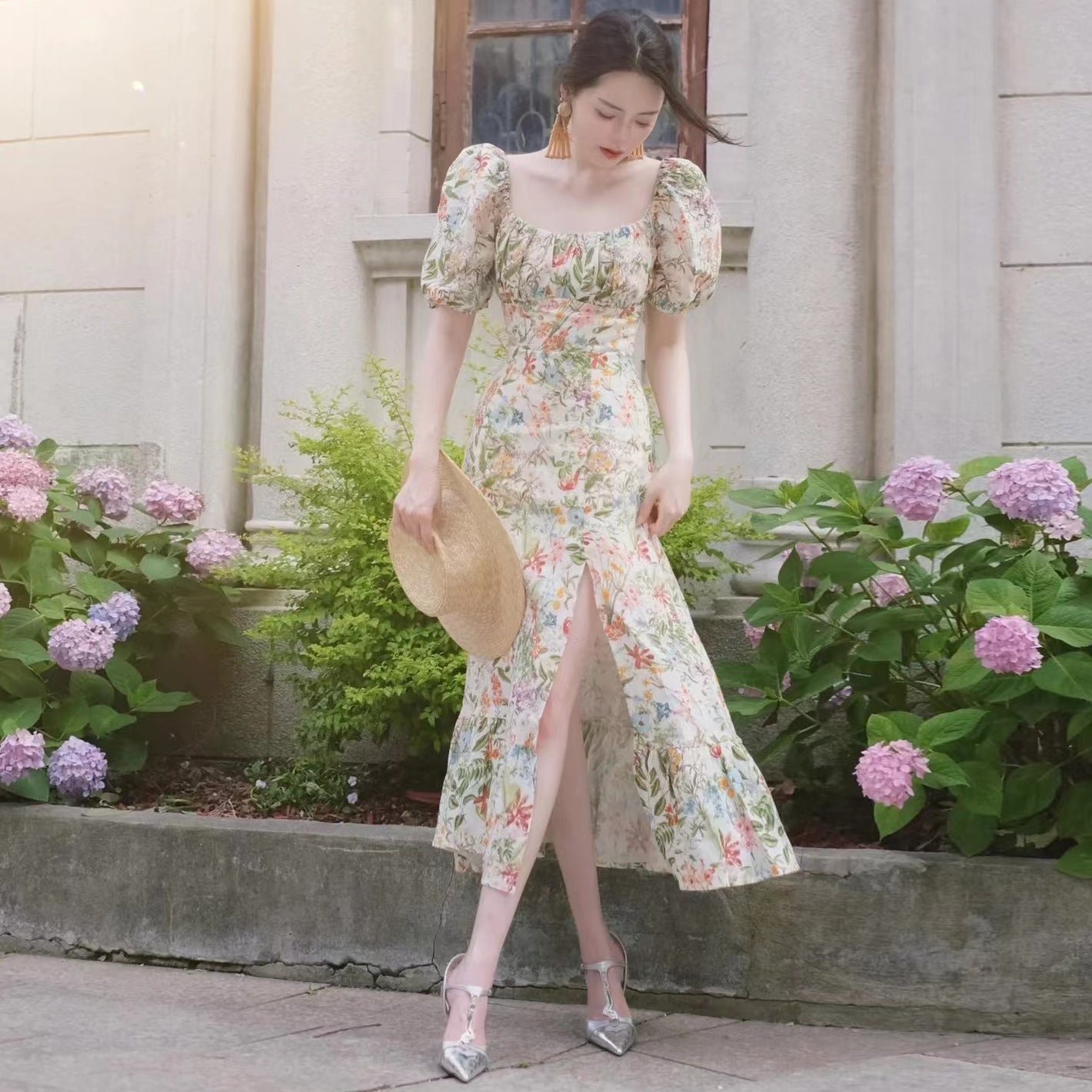 Puff Sleeve Linen Mid-length Square Collar Design Flower Floral Print Slit Long Dress