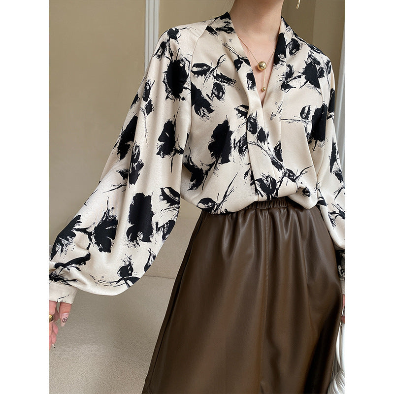 Chinese Ink Lantern Sleeve V neck Satin Shirt Draping Effect Early Autumn