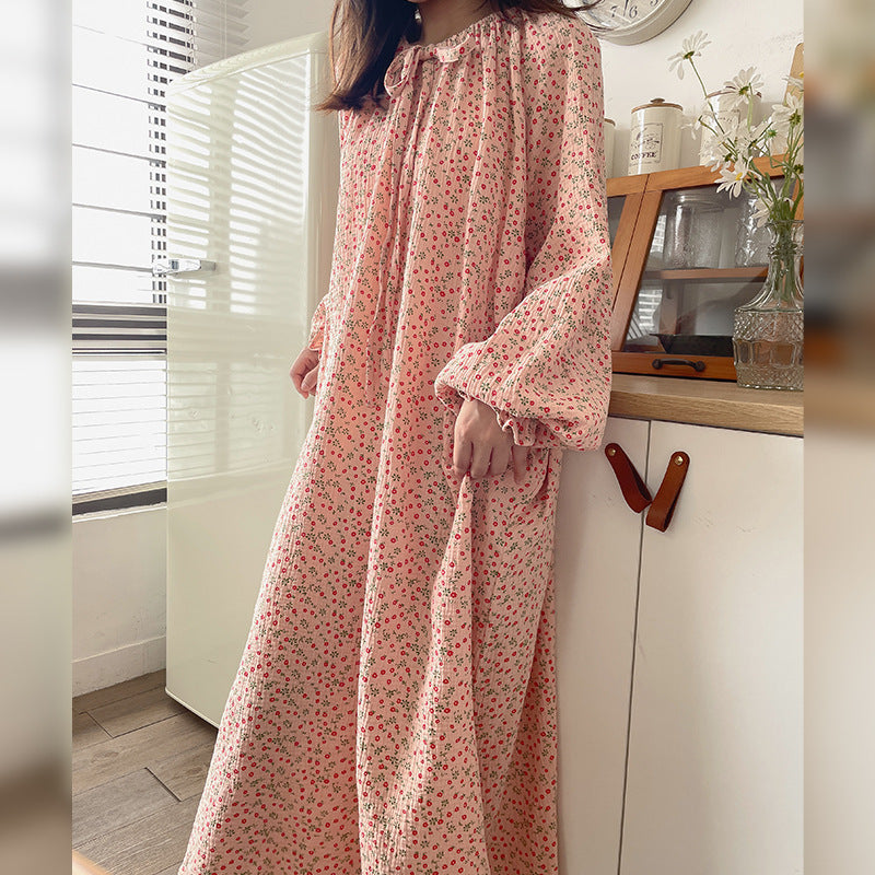 Robe coréenne en coton, petit motif Floral à lacets, manches longues, doux, vêtements d'extérieur pour la maison