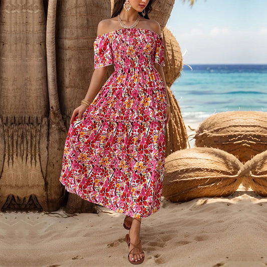 Summer Women Clothing Vacation off-Shoulder Printed Dress