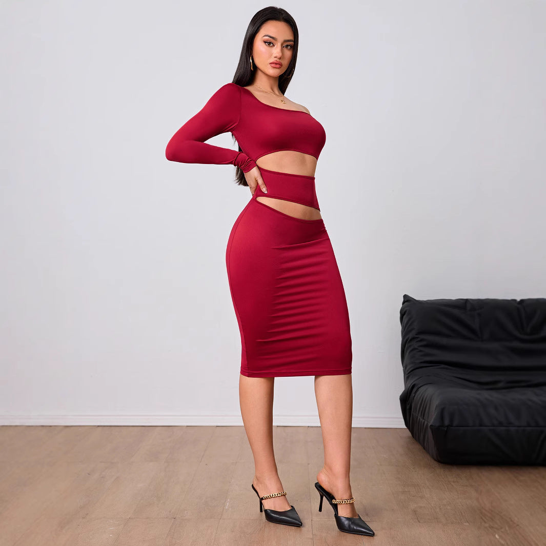 Vestido de mujer color vino tinto estilo socialité para otoño e invierno, vestido midi de manga de un solo lado