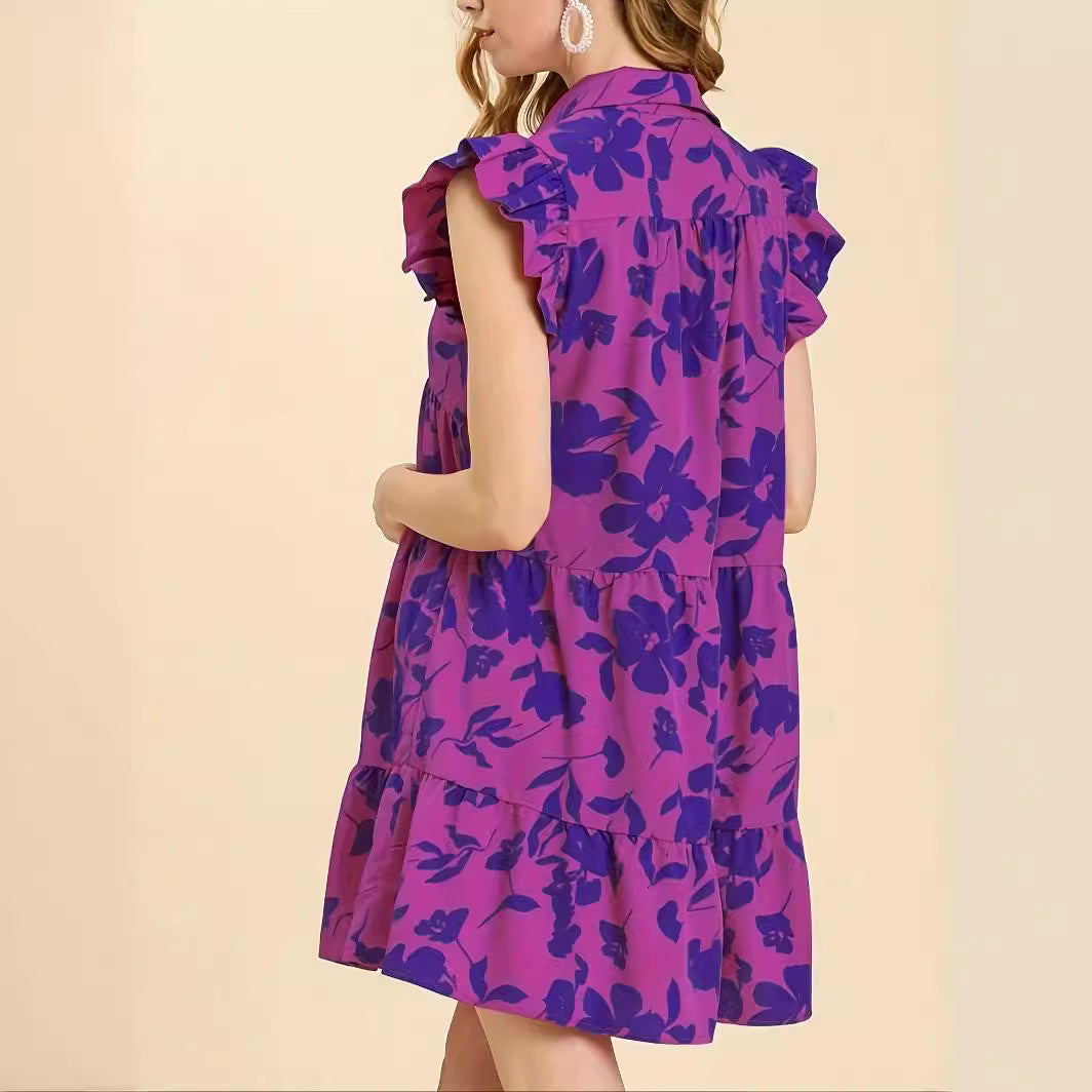 Robe à fleurs magenta à volants et col en V pour femmes