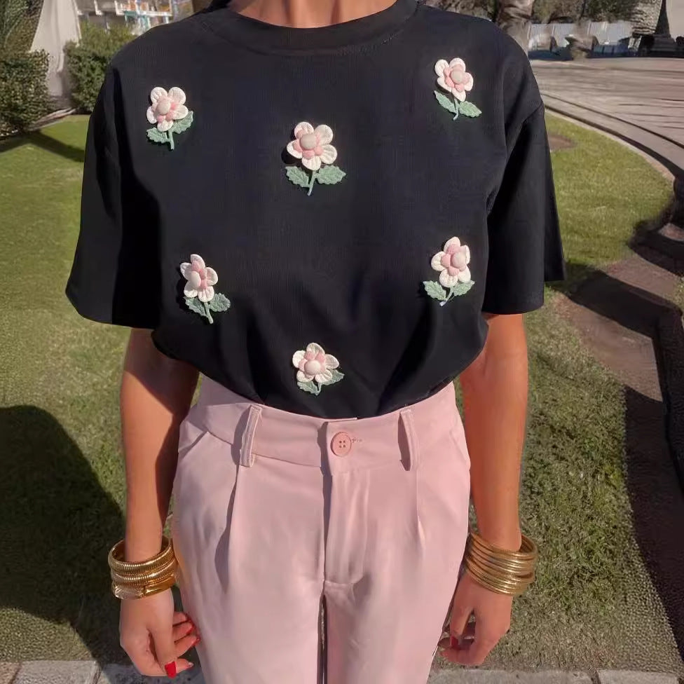 T-shirt à col rond à fleurs tridimensionnelles pour femmes, haut ample à la largeur des épaules pour le printemps et l'été