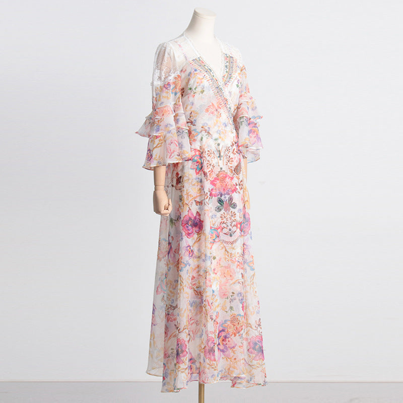 Robe féerique de vacances en bord de mer, col en v, taille à lacets, amincissante, imprimé Floral, Maxi, printemps