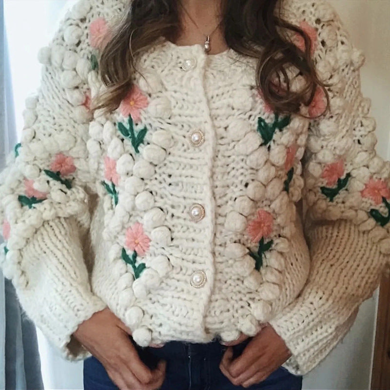 Autumn Winter Handmade Crocheted Embroidery Twist Pearl Buckle Knitted Sweater Cardigan Coat