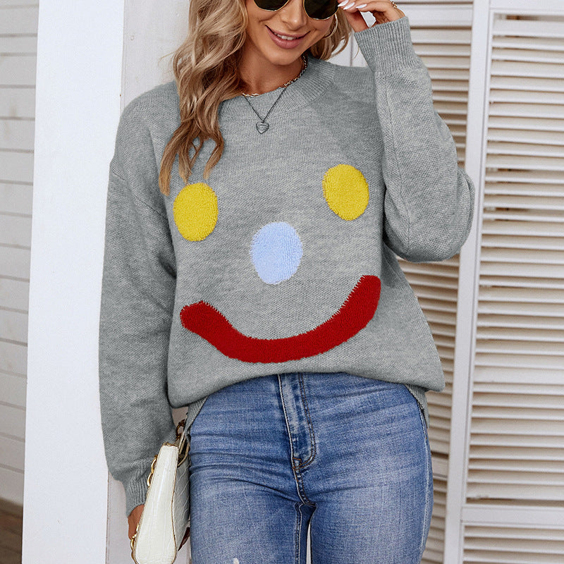 Cute Smiley Face Sweater Autumn Winter Pullover Round Neck Sweater Women Top