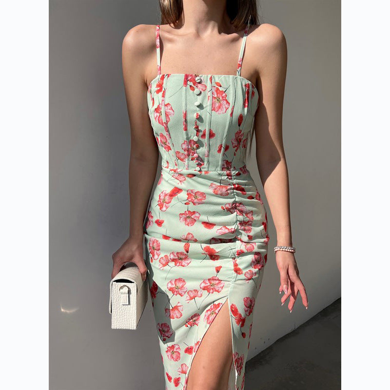 Internet Floral Digital Printing off-Neck Strap Dress