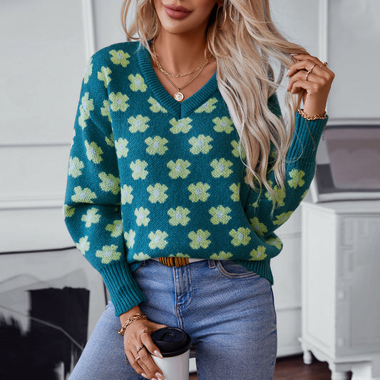 Pull col V en jacquard floral pour femme, pull décontracté pour automne et hiver