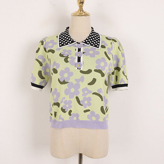 Knitted Summer Contrast Color Jacquard Half Open Polka Dot Collared Puff Sleeve Knitwear Short Sleeve Ladies