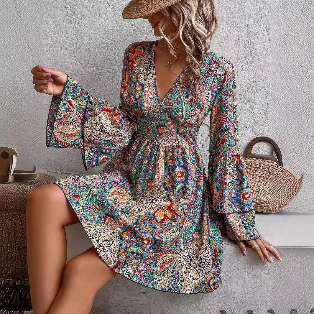 Autumn Winter Elegant Women Floral Print V neck Flare Sleeve Dress