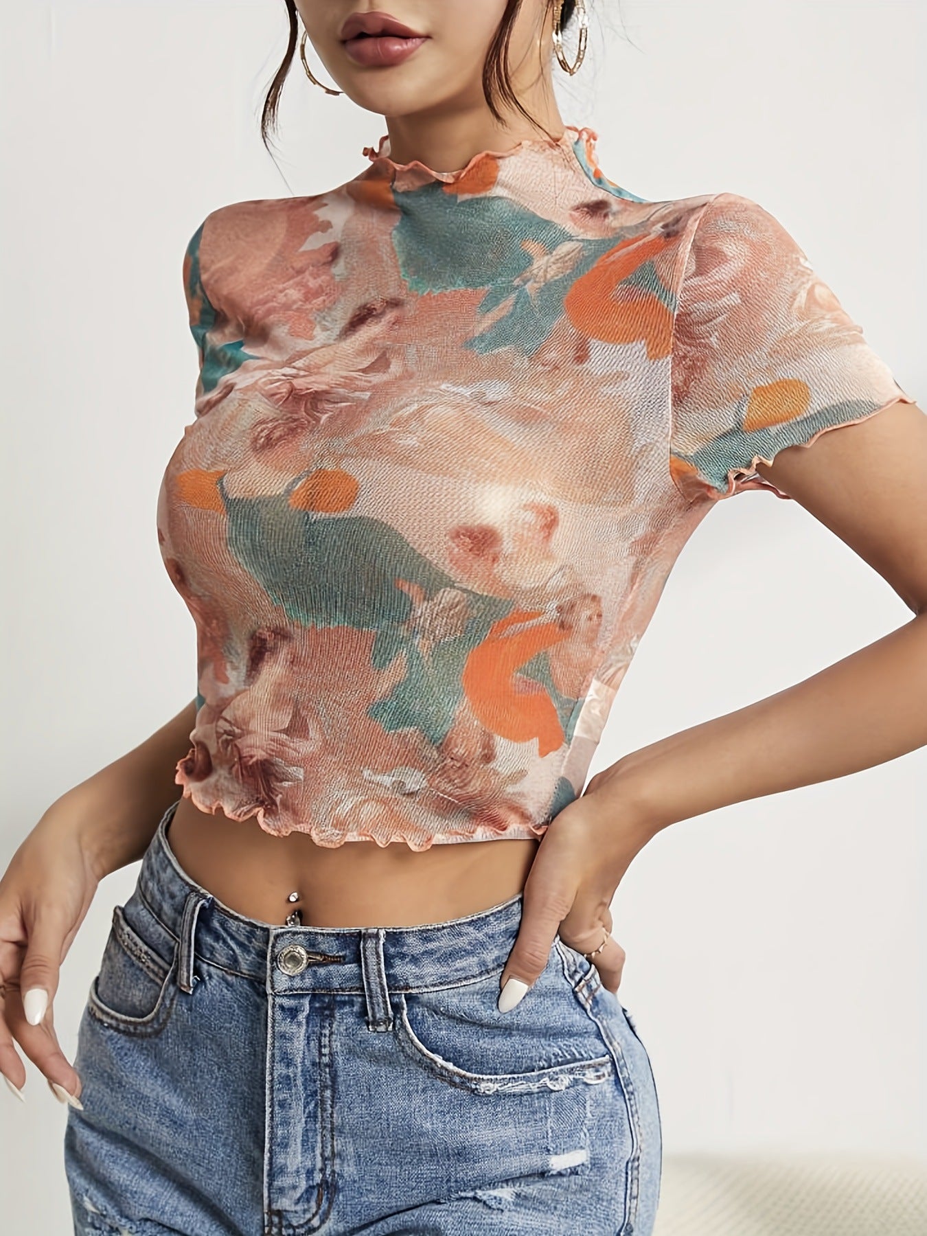 T-shirt à manches courtes en maille élégante à imprimé floral et à lisière filiforme Haut amincissant Vêtements pour femmes