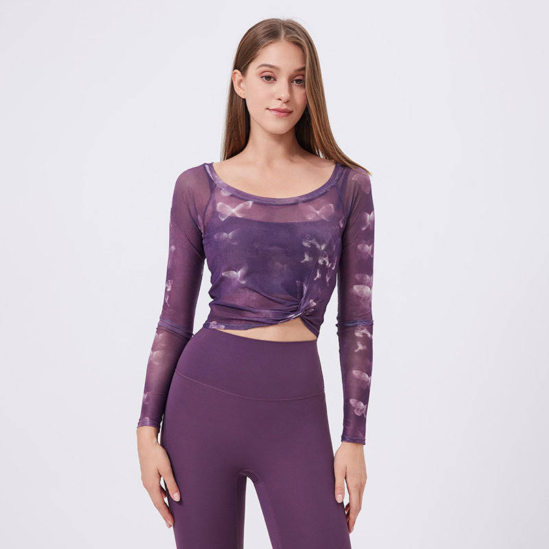 T-shirt de sport en deux pièces à imprimé floral et papillon pour femme, manches longues avec coussinet de poitrine, vêtements de yoga, haut en maille, séchage rapide, vêtements d'entraînement amincissants