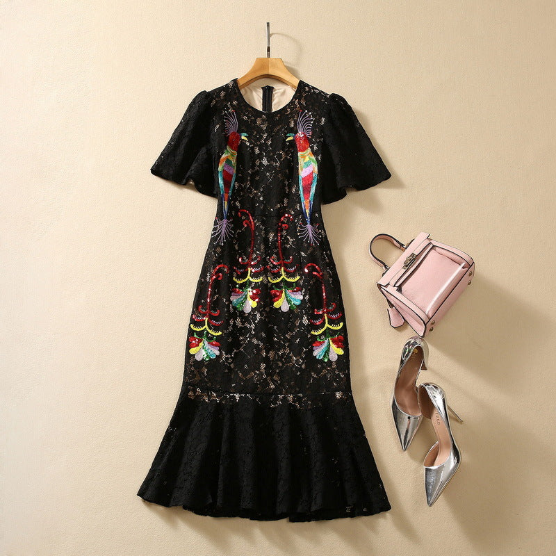 Colored Beads Embroidered Parrot Short Sleeve Lace Dress