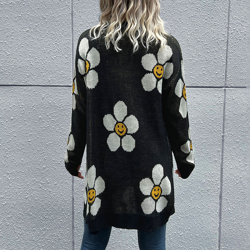 Automne hiver tenue de femme pull à manches longues à fleurs Cardigan mi-long