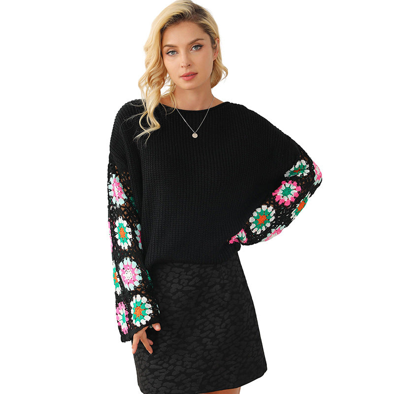 Autumn Winter Floral Crochet Knitted Head Sweater Women Casual Loose Sweater Women