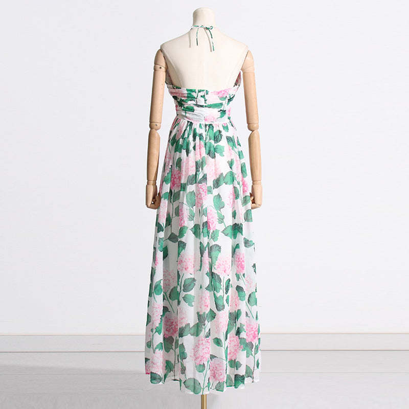 Robe Maxi imprimée verte, été, col licou, sans manches, Sexy, robe Maxi pour femmes