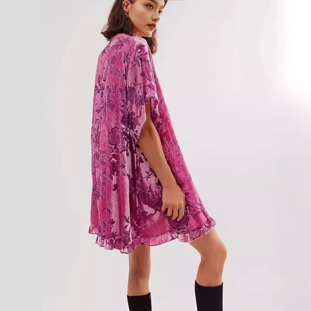 Robe Rétro Femme Col Rond Manches Courtes Floral