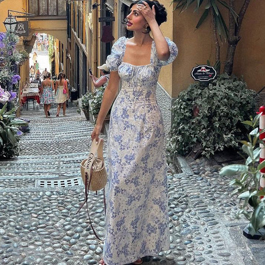 Vestido de mujer sexy de otoño con cuello cuadrado y mangas abullonadas con lazo floral