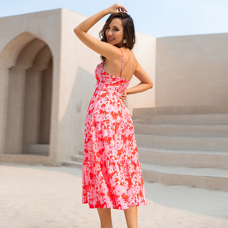 Summer Floral Dress Printed Closing Belt Low Cut Romantic Vacation Sexy Dress