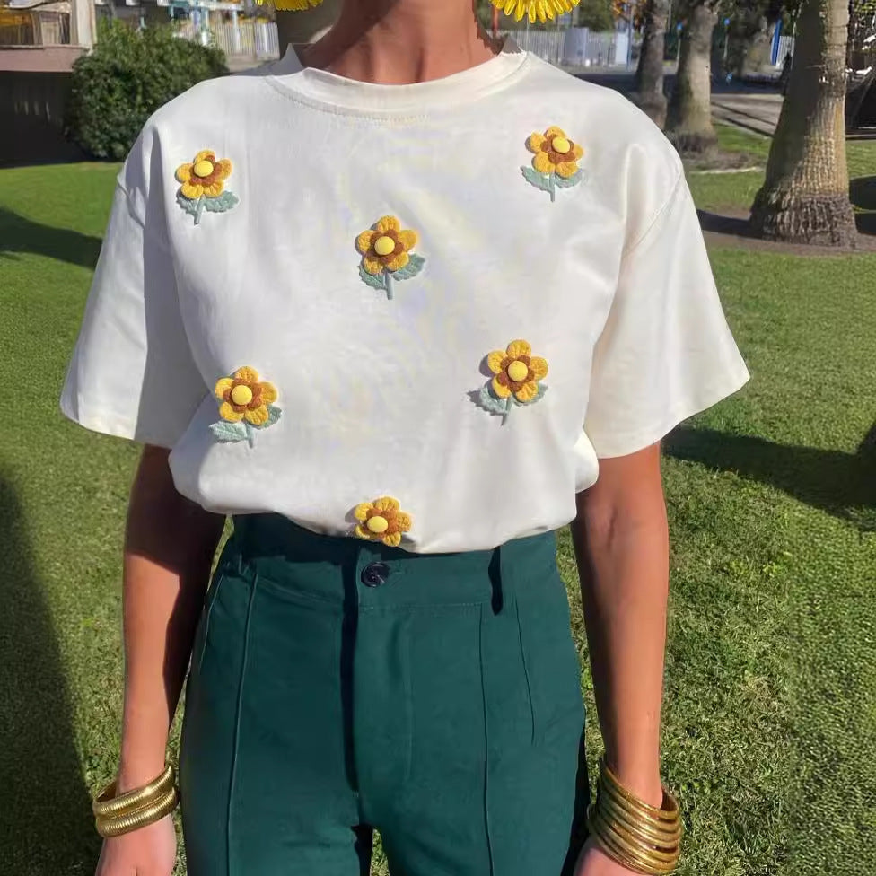 T-shirt à col rond à fleurs tridimensionnelles pour femmes, haut ample à la largeur des épaules pour le printemps et l'été