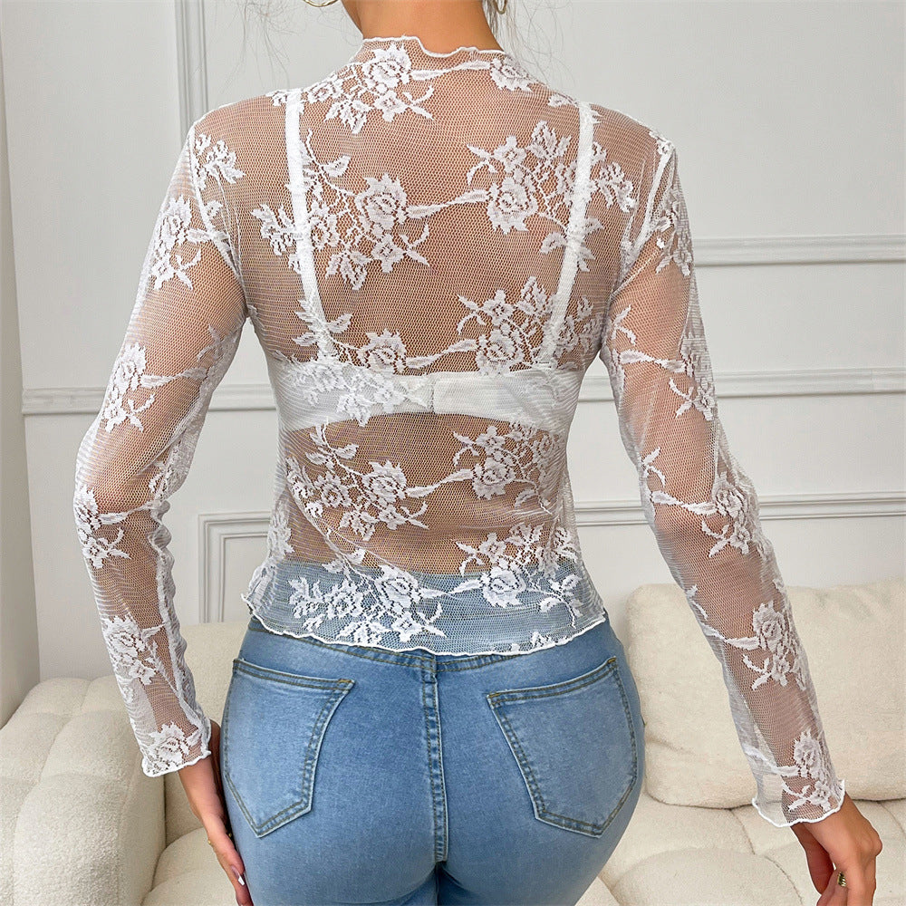 Haut transparent à manches longues et broderie florale, sous-vêtements sexy d'été