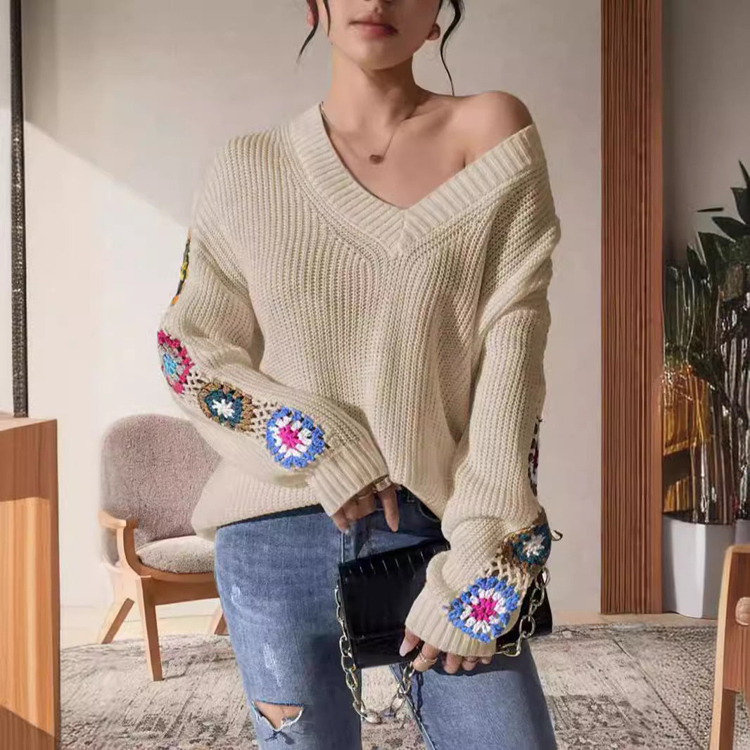 Autumn Winter Women Deep V Plunge neck off Shoulder Knitted Arm Crochet Embroidered Pullover Sweater