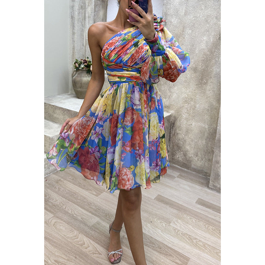 Slant Shoulder Casual Women Printed Wear Dress Party Zipper Dress