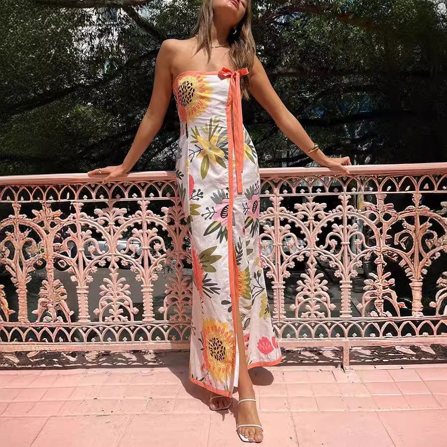 Vestido sexy de verano con estampado en el pecho y abertura en el pecho para mujer