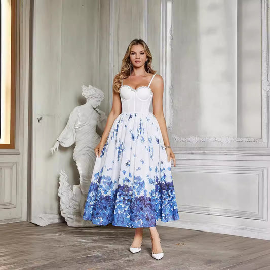 Robe française en mousseline de soie, Corset à désossage, en trois dimensions, Rose blanche, chaîne désossage, dégradé bleu, imprimé Floral, en mousseline de soie