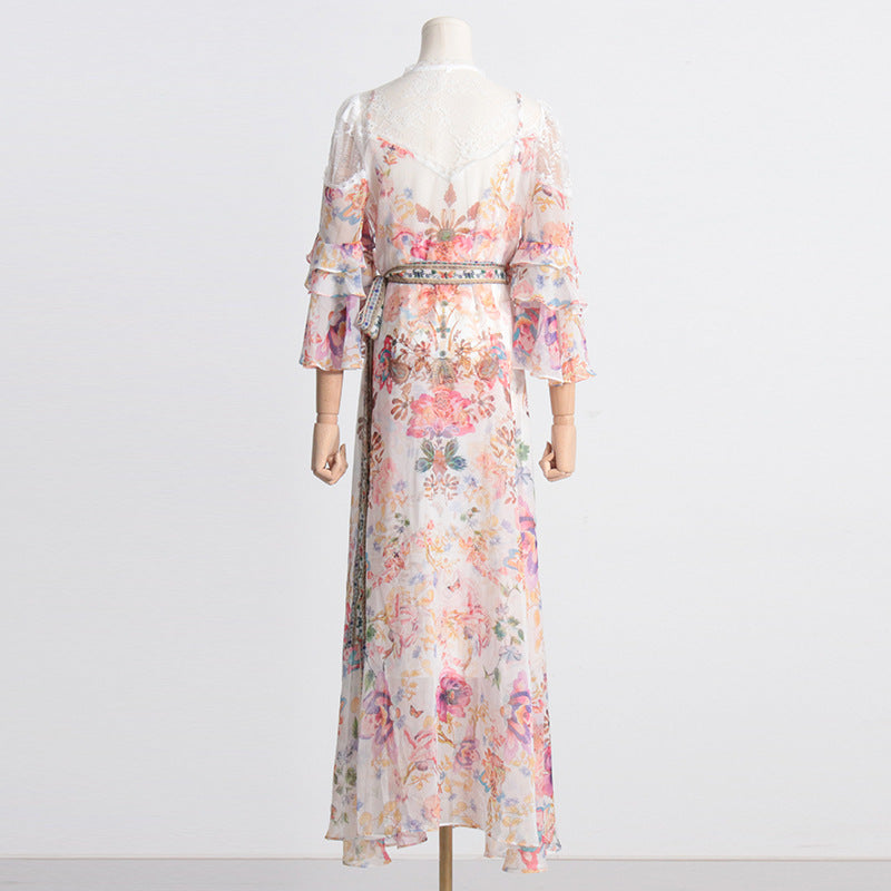 Robe féerique de vacances en bord de mer, col en v, taille à lacets, amincissante, imprimé Floral, Maxi, printemps