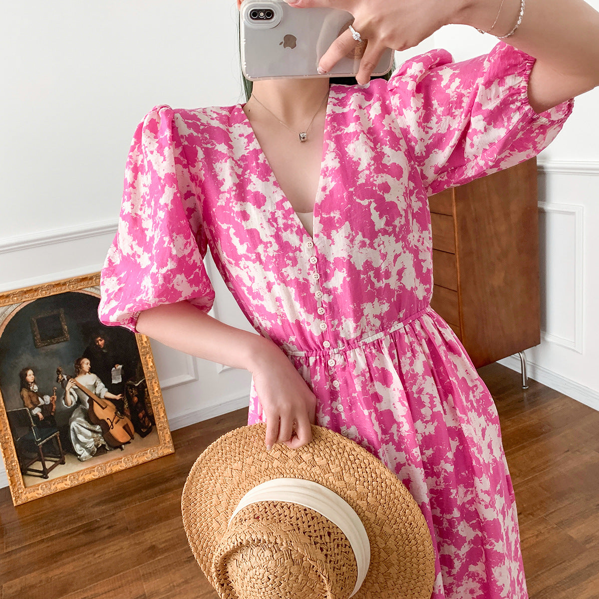 Printemps et été nouvelle robe longue superposée imprimée manches bouffantes Rose rouge