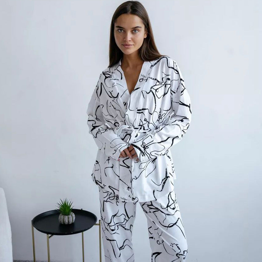 Cardigan à imprimé floral à manches longues et pantalon pour la maison, pyjama ample et décontracté pour femme