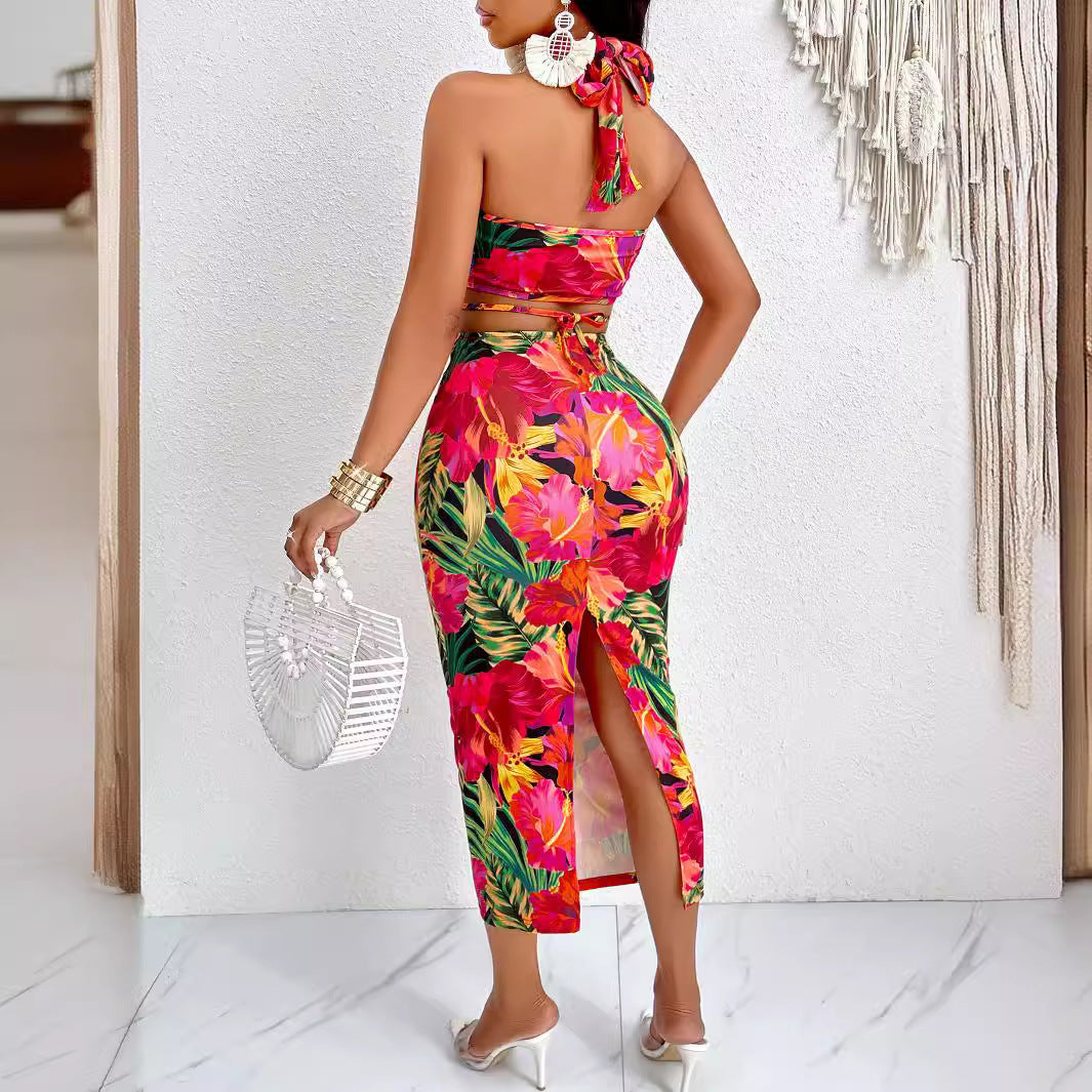 Ropa de verano para mujer, conjunto de falda a la cadera con cuello Halter y estampado Popular independiente, Sexy