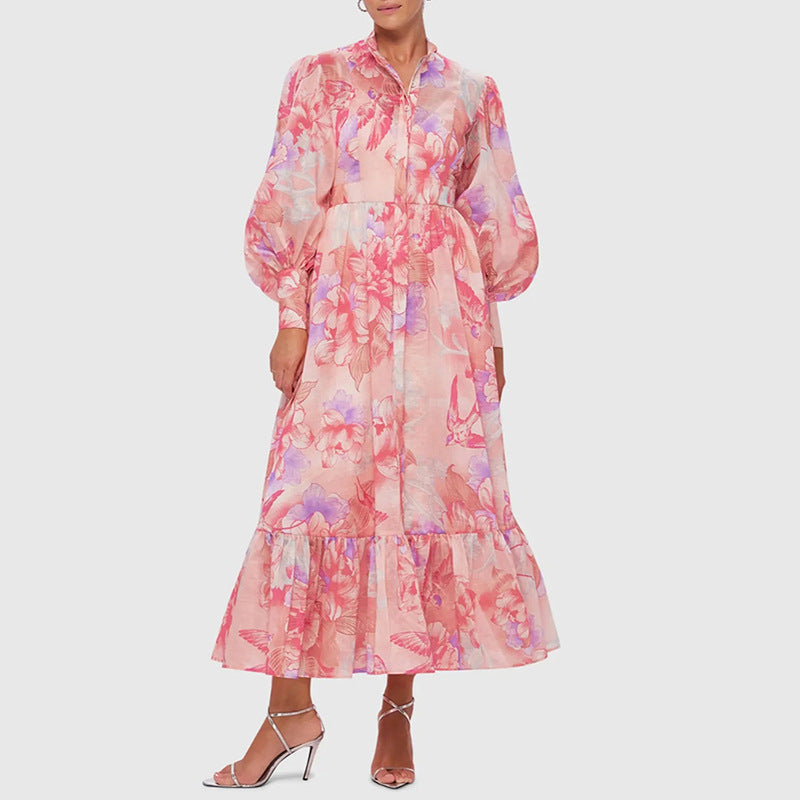 Early Spring Elegant Lantern Sleeve Niche Design Printed Belt Waist Tight Maxi Dress for Women（Belt To The Real Picture Shall Prevail）