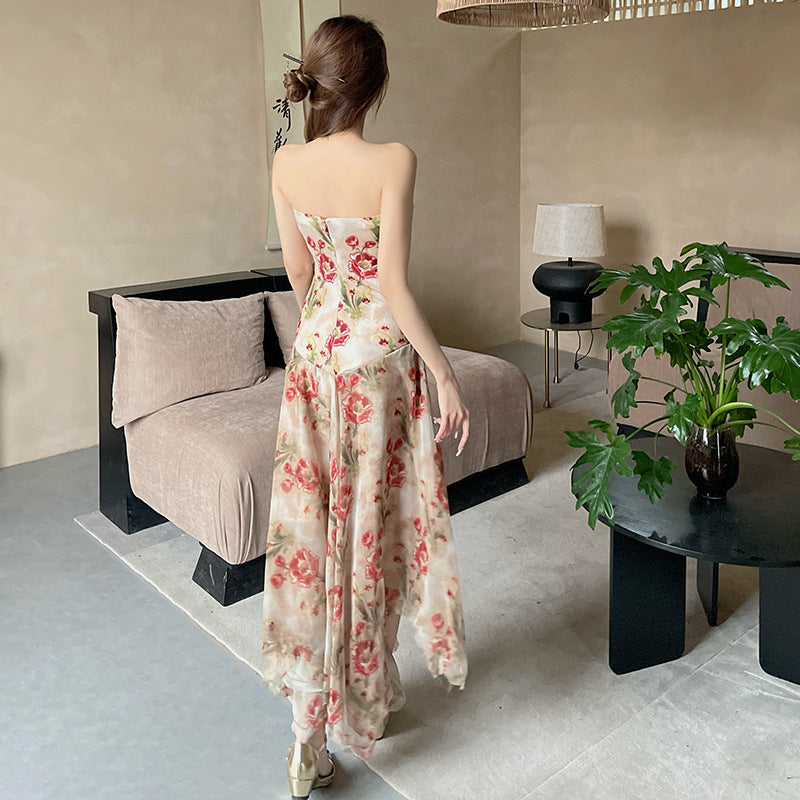 Robe longue sans bretelles à fleurs pour femmes