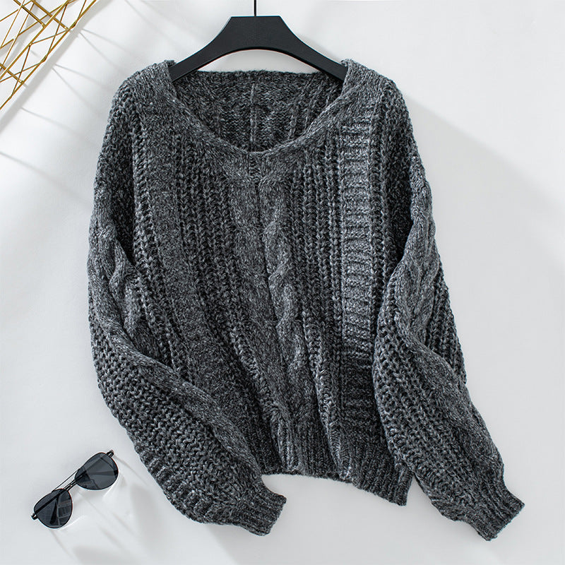 Solid Color Twisted Sweater Women Autumn Winter Retro Loose Lantern Sleeve Twisted Sweater