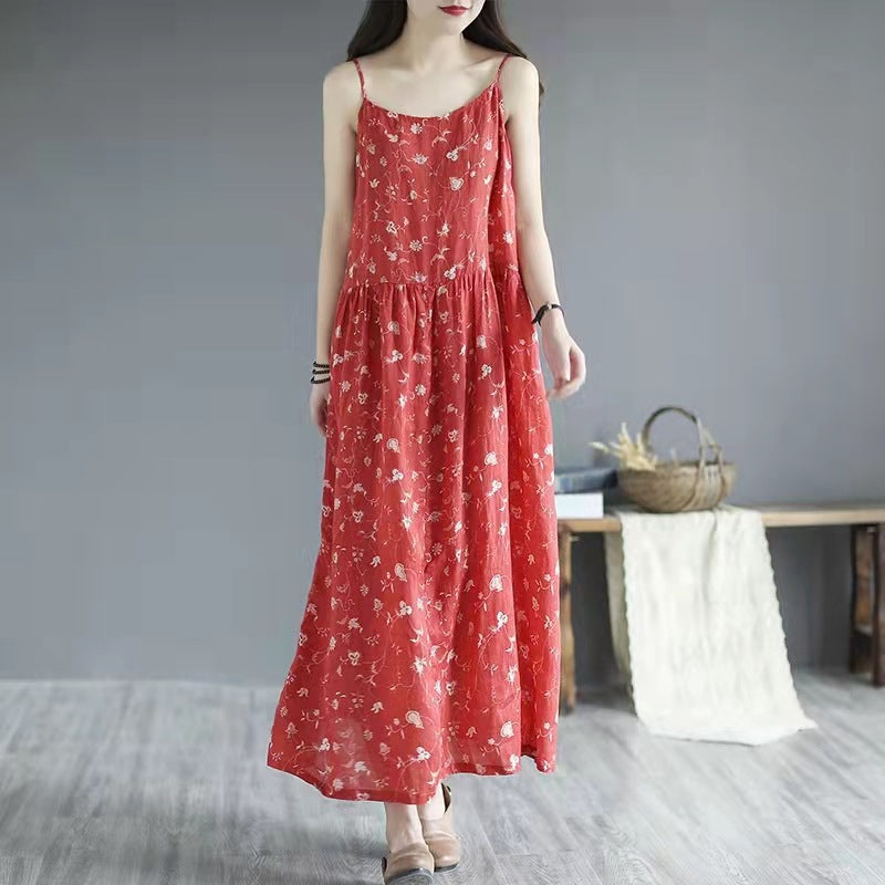 Summer New Artistic Floral Sleeveless Sling Dress Women