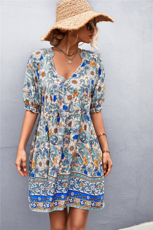 Vestido floral de posicionamiento con cuello en V bohemio de primavera y verano para mujer