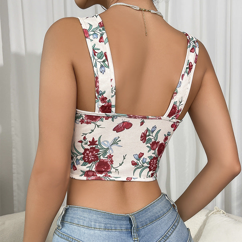 Arrivée Imprimé Sexy Court Corset À Lacets Floral Spaghetti Strap Camisole Top