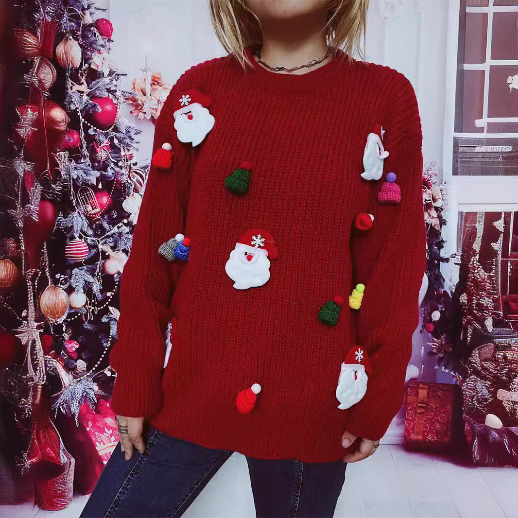 Year Sweater Cute Santa Claus Three Dimensional Decoration round Neck Long Sleeve Knitted Pullover