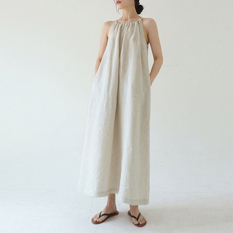 Cotton Linen Dress off Shoulder Halter French Loose Niche Mid Length Pure Linen Cotton Camisole Dress