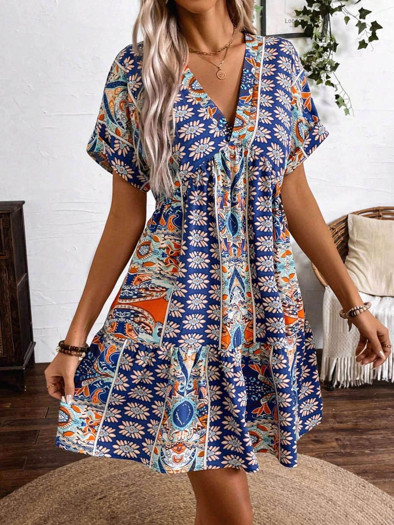 Ladies Vintage Floral Printed V neck High Waist Batwing Sleeve Holiday Dress