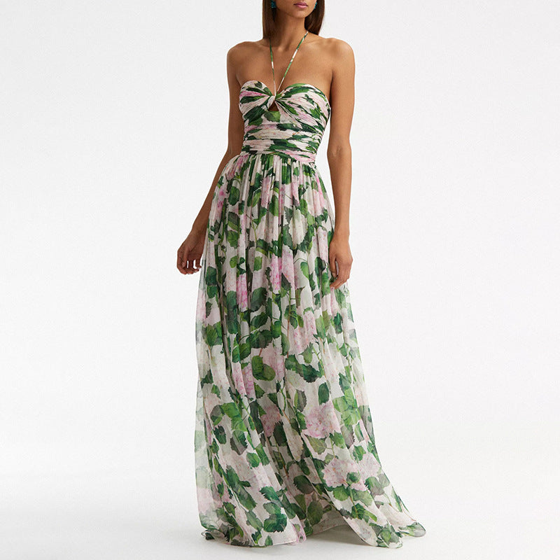 Robe Maxi imprimée verte, été, col licou, sans manches, Sexy, robe Maxi pour femmes