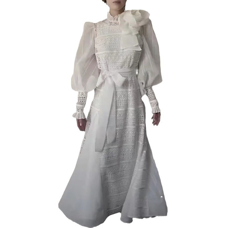 Robe d'été élégante à manches lanternes avec coutures florales tridimensionnelles pour femmes