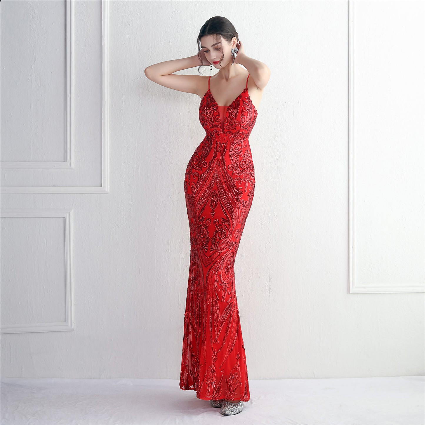 High Density Three Dimensional Strong Sequin Positioning Floral Dress Long Cocktail Slim Fit Evening Dress Elegant