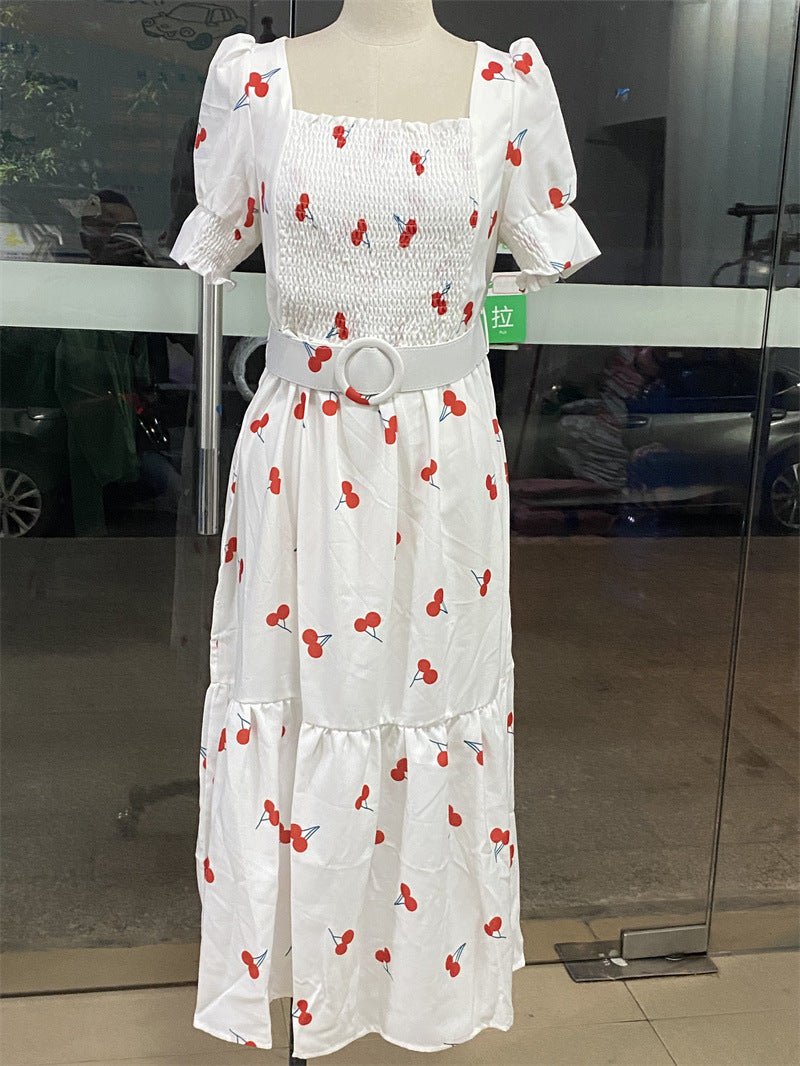 Ropa de mujer Primavera Verano Vestido estampado con cuello en U y cintura para mujer